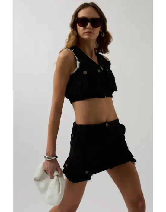 V Yaka Düğmeli Crop Yelek