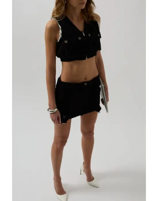 V Yaka Düğmeli Crop Yelek