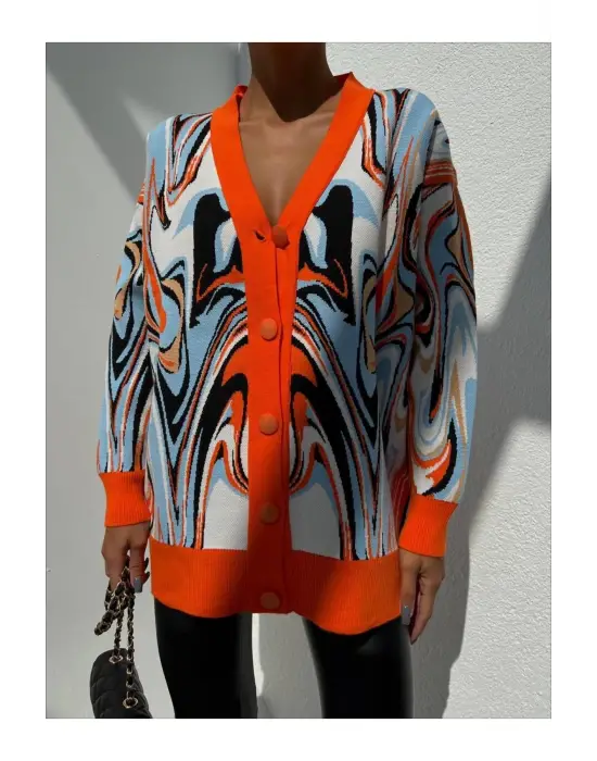 V Yaka Düğmeli Oversize Ebruli Desen Hırka Kadın Giyim