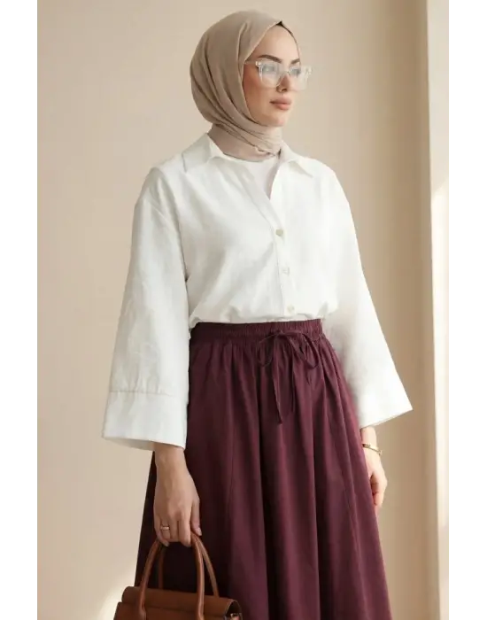 V Yaka Düğmeli Yarım Kol Modal Gömlek -Beyaz