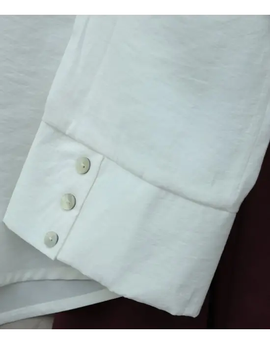 V Yaka Düğmeli Yarım Kol Modal Gömlek -Beyaz