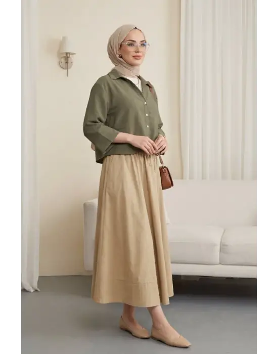 V Yaka Düğmeli Yarım Kol Modal Gömlek -Haki