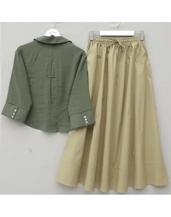 V Yaka Düğmeli Yarım Kol Modal Gömlek -Haki