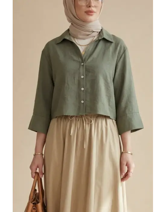 V Yaka Düğmeli Yarım Kol Modal Gömlek -Haki