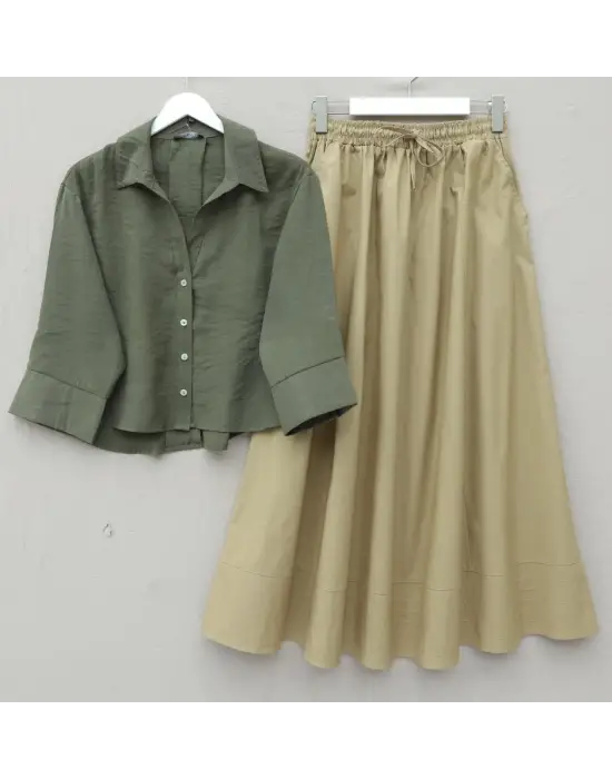 V Yaka Düğmeli Yarım Kol Modal Gömlek -Haki