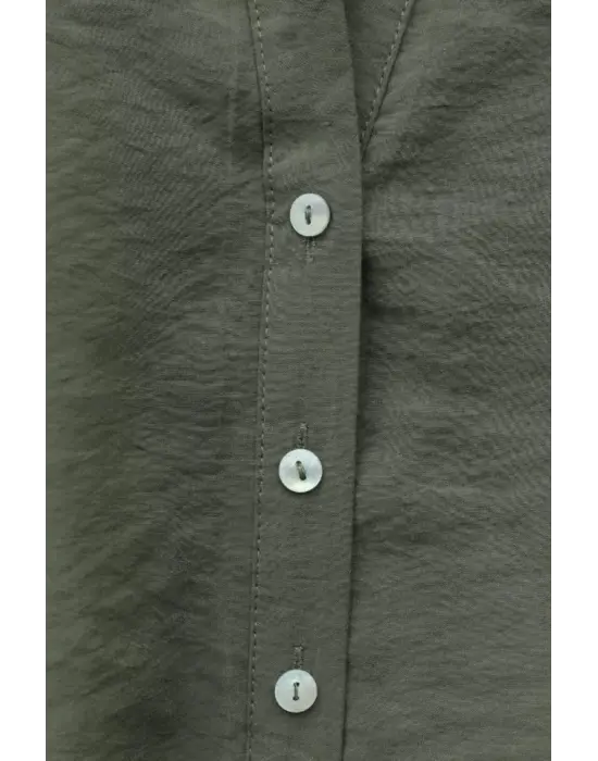 V Yaka Düğmeli Yarım Kol Modal Gömlek -Haki