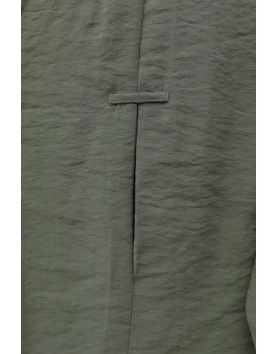 V Yaka Düğmeli Yarım Kol Modal Gömlek -Haki