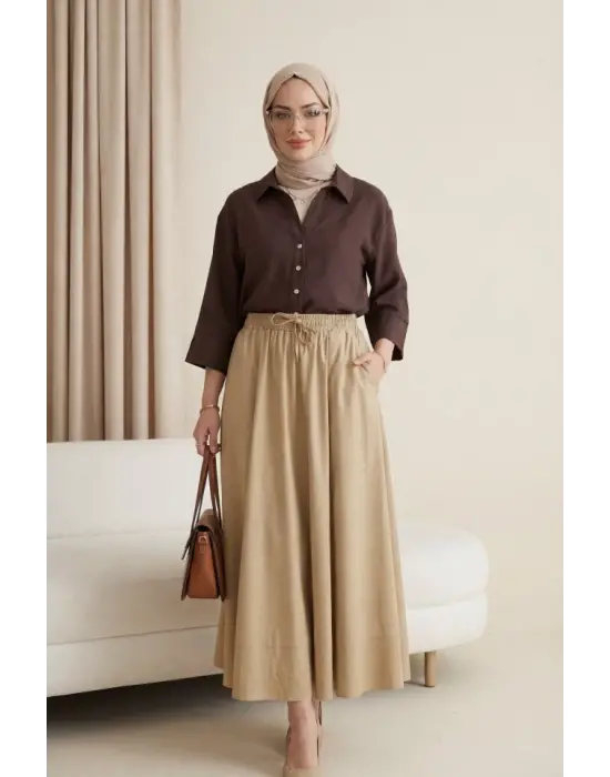V Yaka Düğmeli Yarım Kol Modal Gömlek -K. Kahve