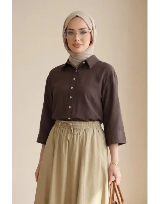V Yaka Düğmeli Yarım Kol Modal Gömlek -K. Kahve