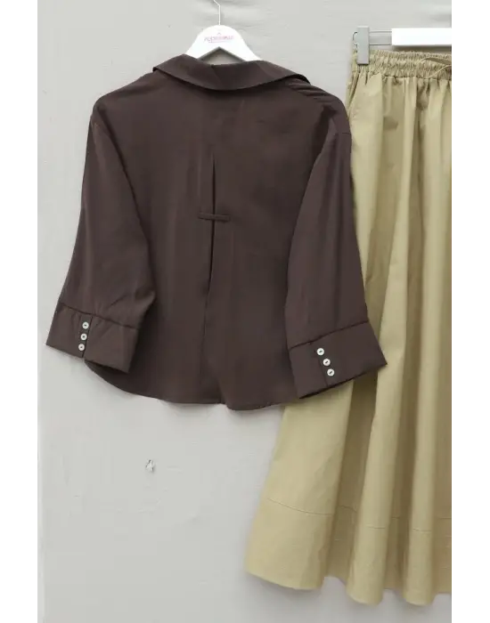 V Yaka Düğmeli Yarım Kol Modal Gömlek -K. Kahve