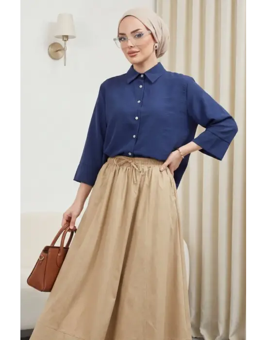 V Yaka Düğmeli Yarım Kol Modal Gömlek -Laci