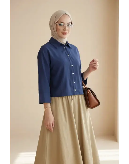 V Yaka Düğmeli Yarım Kol Modal Gömlek -Laci