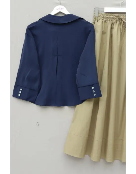 V Yaka Düğmeli Yarım Kol Modal Gömlek -Laci