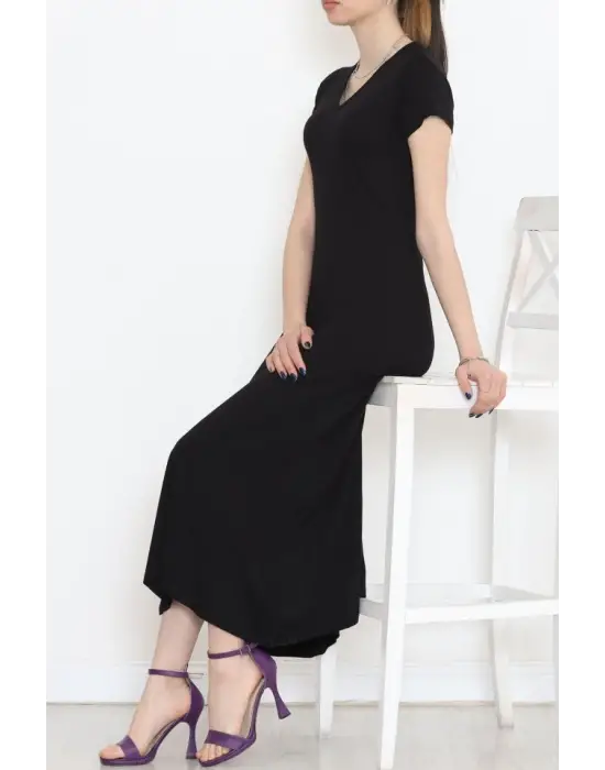 V Yaka Elbise Siyah