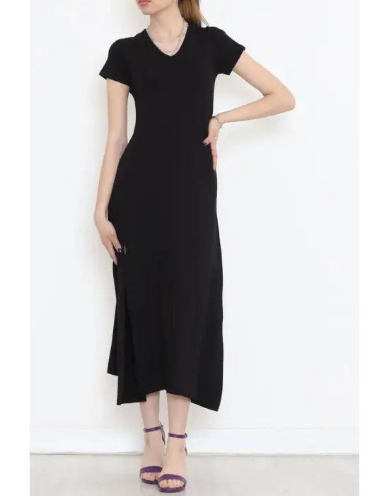 V Yaka Elbise Siyah