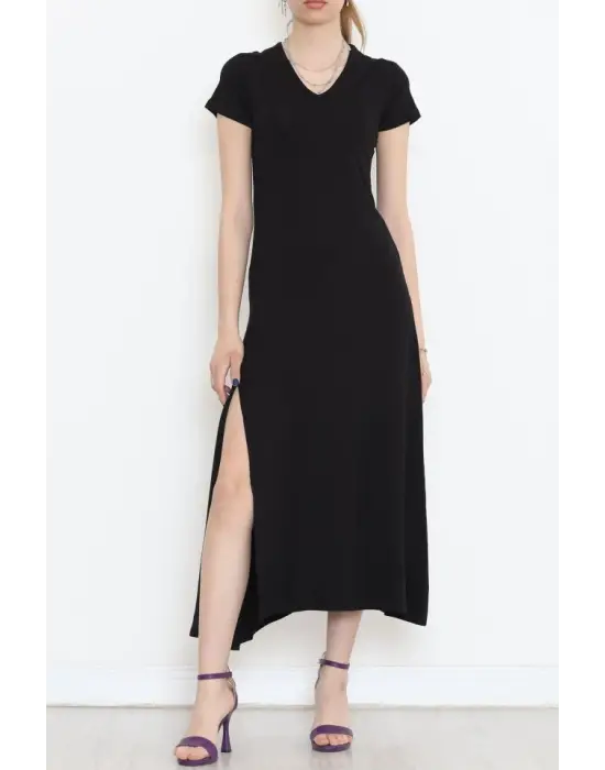 V Yaka Elbise Siyah