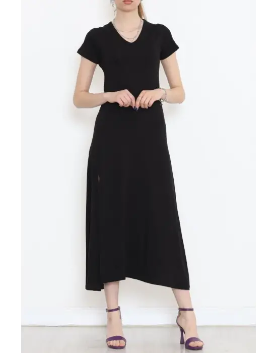 V Yaka Elbise Siyah