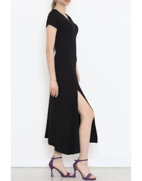 V Yaka Elbise Siyah