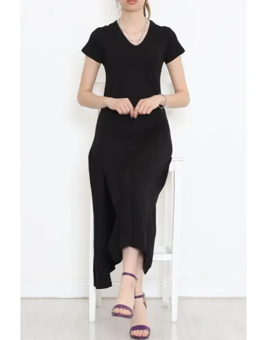 V Yaka Elbise Siyah