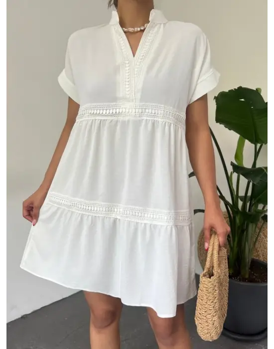 V Yaka Fistolu Ayrobin Elbise -Beyaz