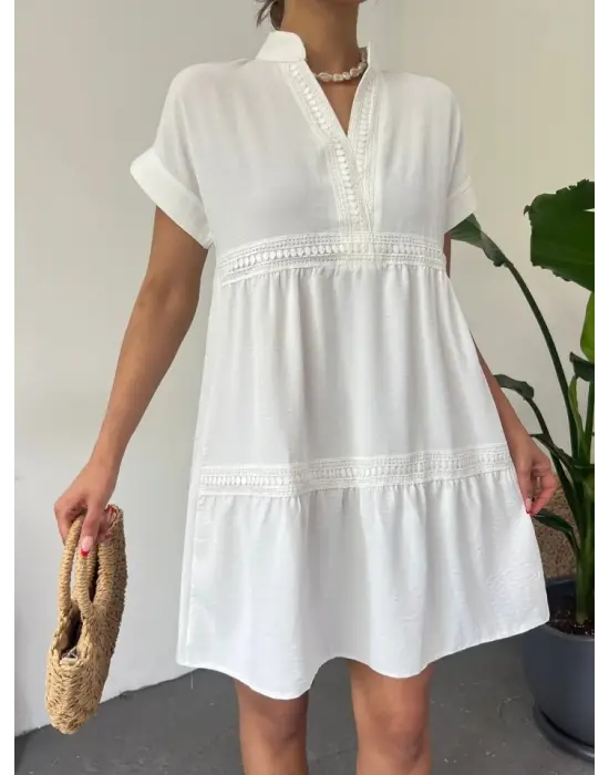 V Yaka Fistolu Ayrobin Elbise -Beyaz