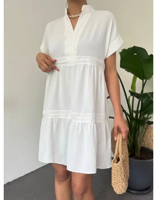 V Yaka Fistolu Ayrobin Elbise -Beyaz