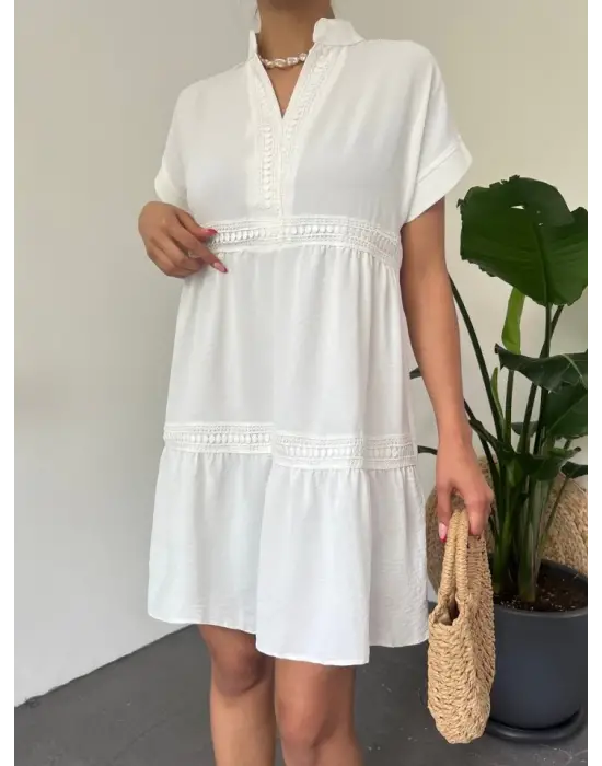 Omarı Şık V Yaka Beyaz Elbise