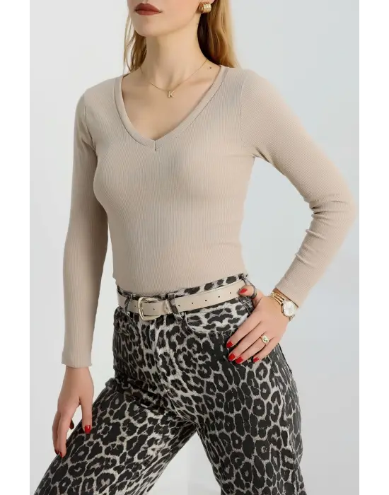 V yaka kaşkorse bluz bej a3699