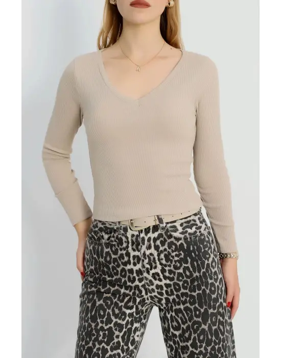 V yaka kaşkorse bluz bej a3699