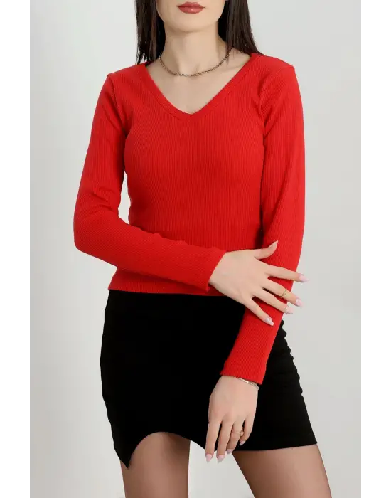 V yaka kaşkorse bluz kırmızı a3699