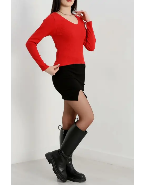 V yaka kaşkorse bluz kırmızı a3699