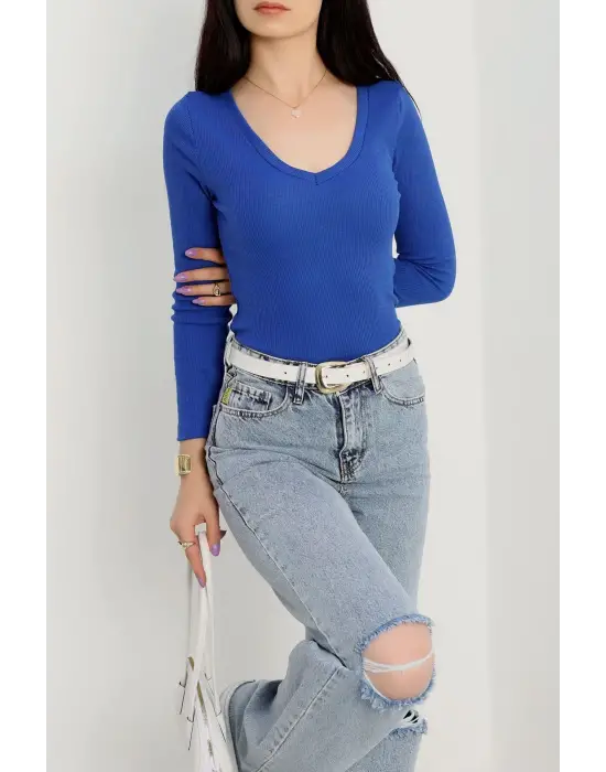 V yaka kaşkorse bluz saks mavisi a3699