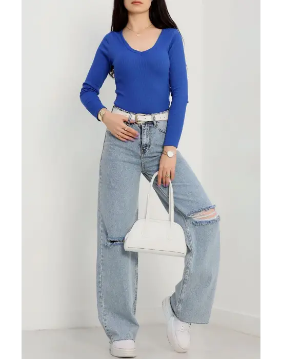 V yaka kaşkorse bluz saks mavisi a3699