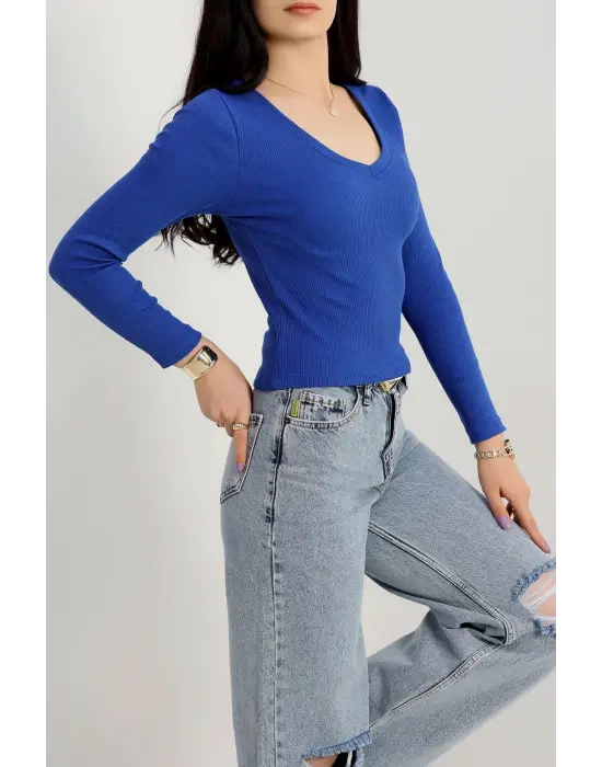 V yaka kaşkorse bluz saks mavisi a3699