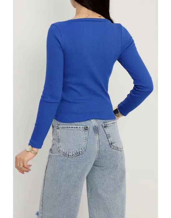 V yaka kaşkorse bluz saks mavisi a3699