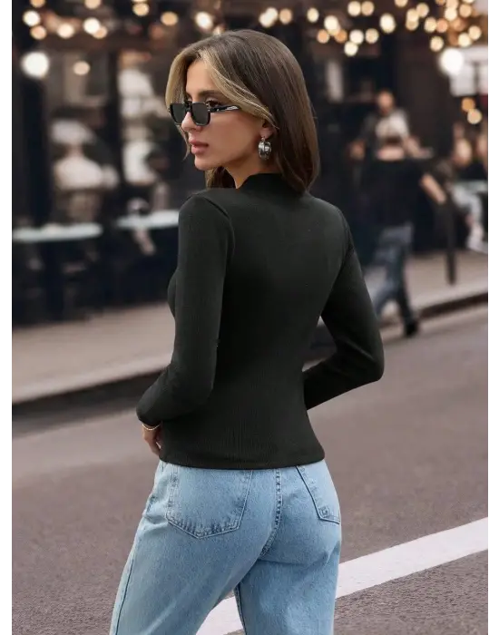 V yaka kaşkorse bluz siyah w3817