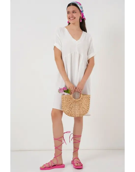 V Yaka Kısa Kol Elbise 2567 - Beyaz