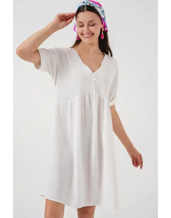 V Yaka Kısa Kol Elbise 2567 - Beyaz