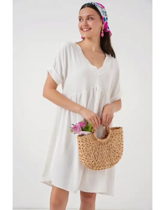 V Yaka Kısa Kol Elbise 2567 - Beyaz