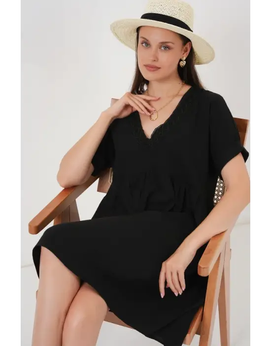V Yaka Kısa Kol Elbise 2567 - Siyah