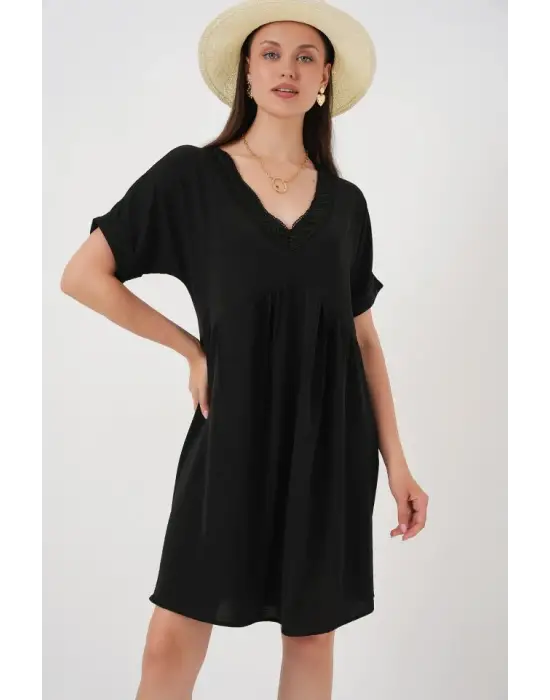 V Yaka Kısa Kol Elbise 2567 - Siyah