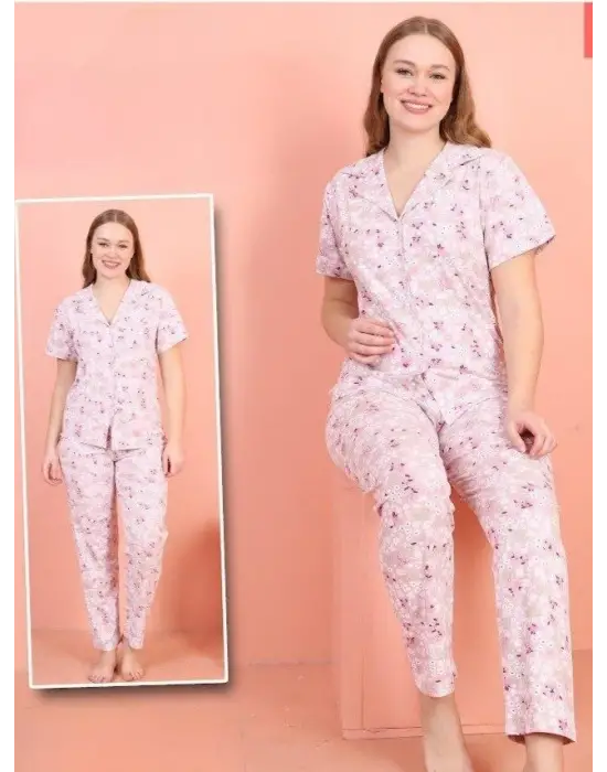 Omarı Çiçek Desenli V Yaka Pijama Takımı -Lila