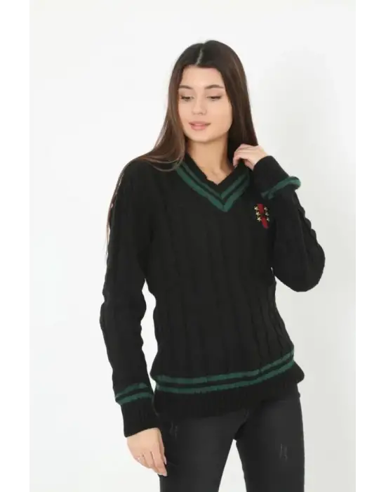 V Yaka Örgülü Kazak - Siyah