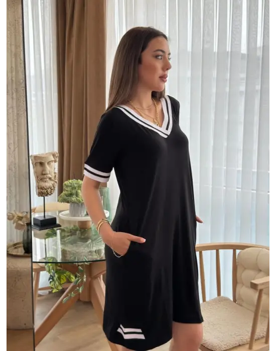 Omarı Kadın V Yaka Ribana Detaylı Cepli Viskon Elbise