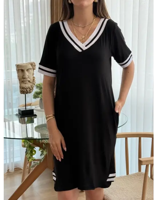 Omarı Kadın V Yaka Ribana Detaylı Cepli Viskon Elbise