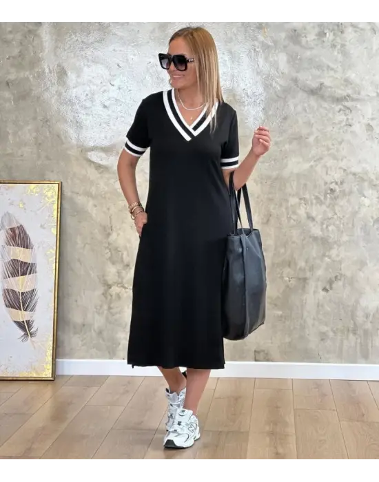 Omarı Şık V Yaka Ribana Detaylı Midi Boy Elbise