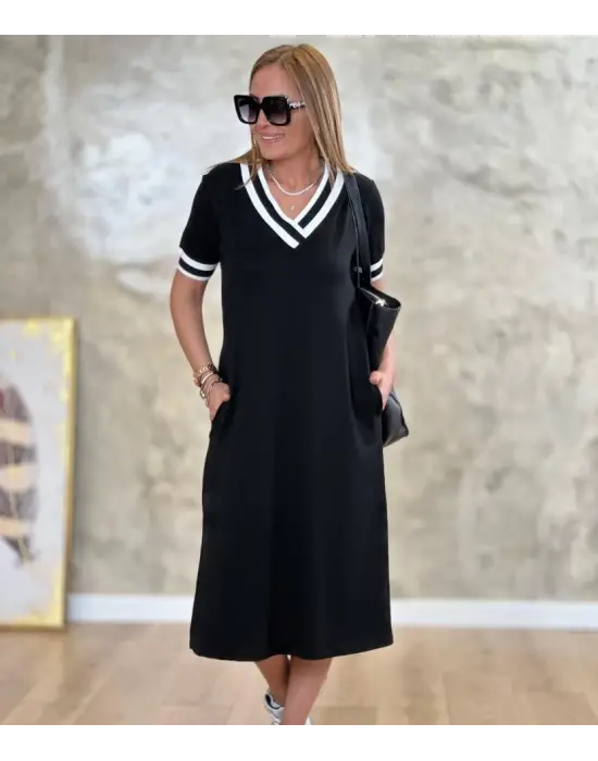 Omarı Şık V Yaka Ribana Detaylı Midi Boy Elbise