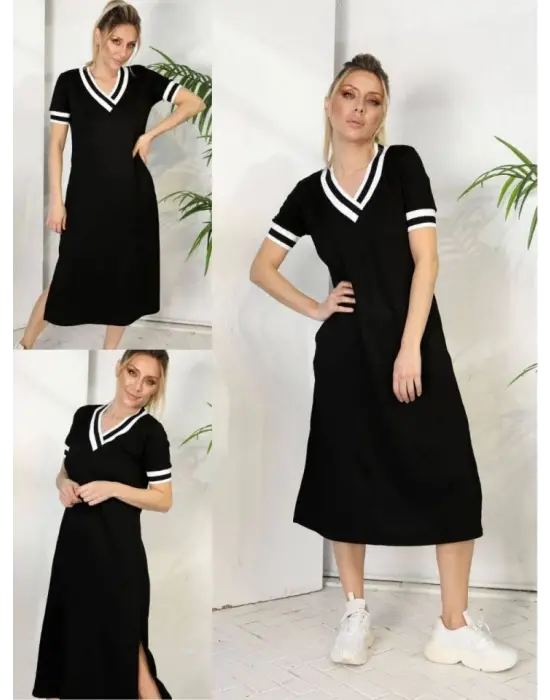 Omarı Şık V Yaka Ribana Detaylı Midi Boy Elbise