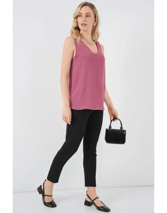 V Yaka Sıfır Kol Bluz 950 - A.Gül Kurusu