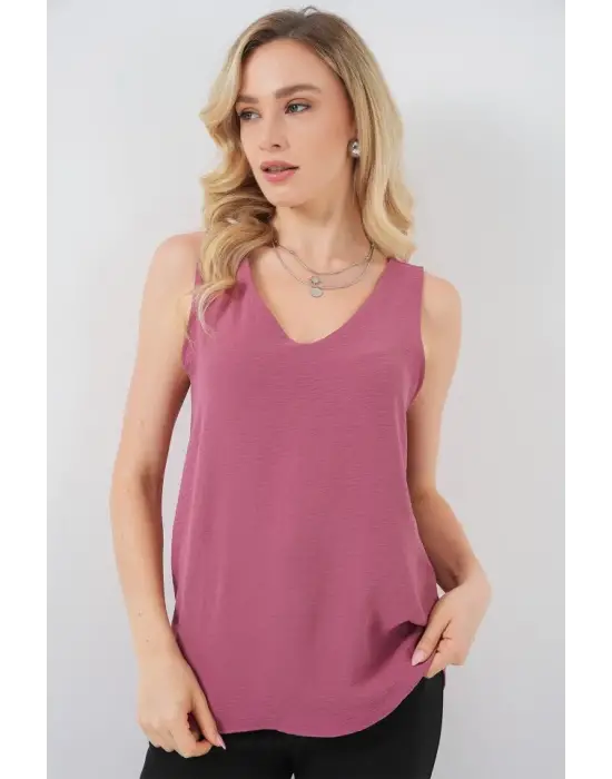 V Yaka Sıfır Kol Bluz 950 - A.Gül Kurusu